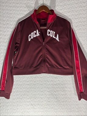 Coca Cola Women's Maroon Track Jacket with Red and White Stripe Sleeves